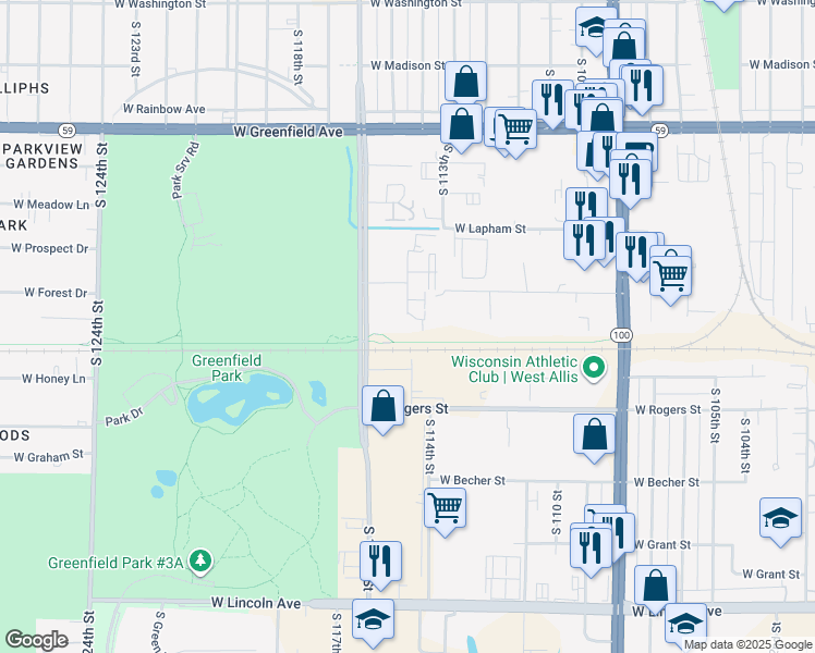 map of restaurants, bars, coffee shops, grocery stores, and more near 1736 South 115 Court in West Allis