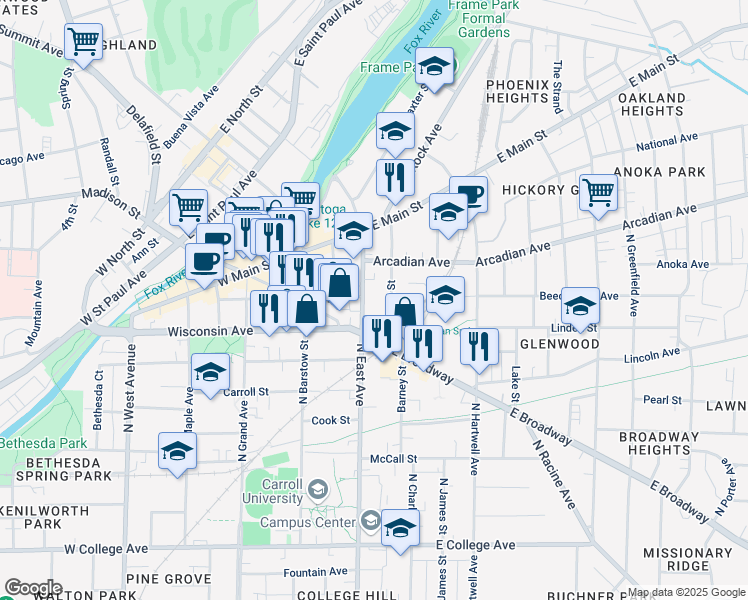 map of restaurants, bars, coffee shops, grocery stores, and more near 808 Pleasant Street in Waukesha