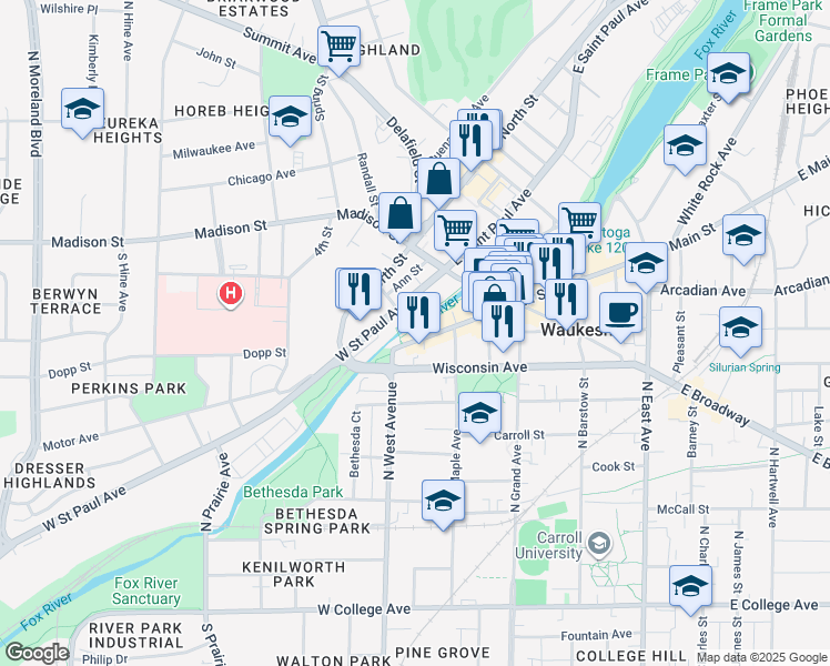 map of restaurants, bars, coffee shops, grocery stores, and more near in Waukesha