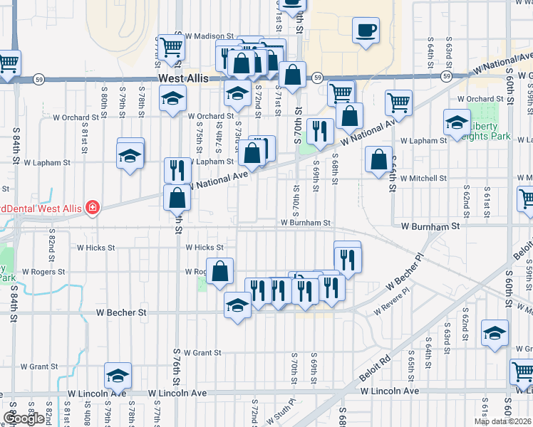 map of restaurants, bars, coffee shops, grocery stores, and more near 1801 South 71st Street in West Allis