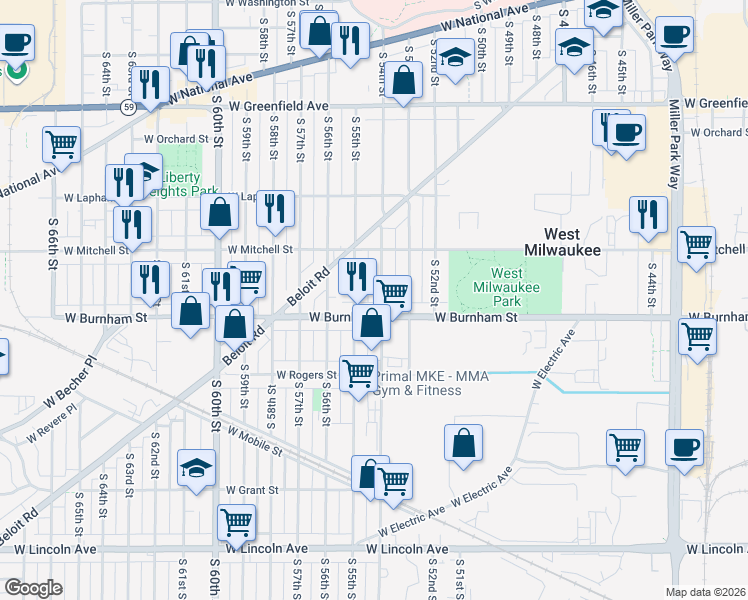 map of restaurants, bars, coffee shops, grocery stores, and more near 1812 South 55th Street in West Milwaukee