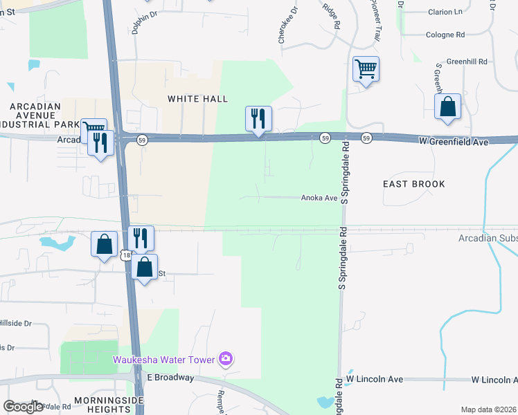 map of restaurants, bars, coffee shops, grocery stores, and more near S17W22279 Anoka Avenue in Waukesha