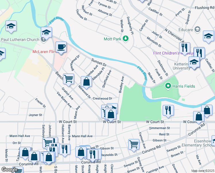 map of restaurants, bars, coffee shops, grocery stores, and more near 3213 Pencombe Place in Flint