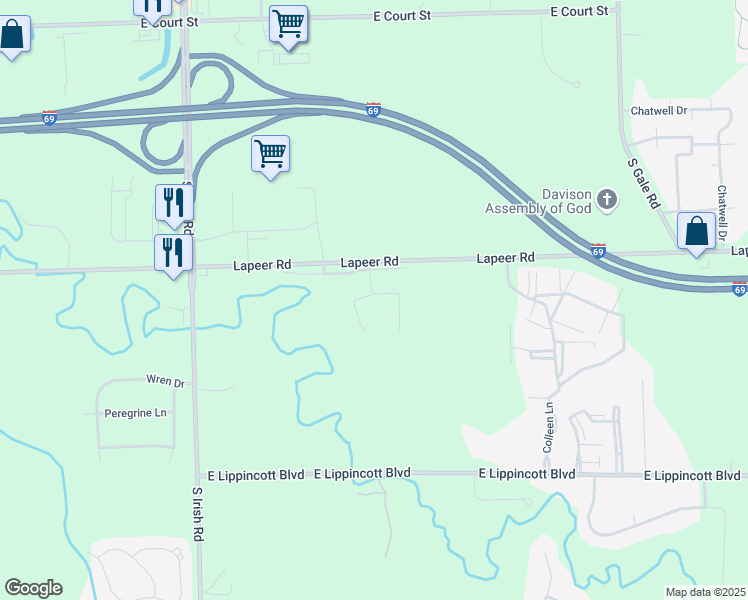 map of restaurants, bars, coffee shops, grocery stores, and more near 8210 Kearsley Creek Drive in Davison