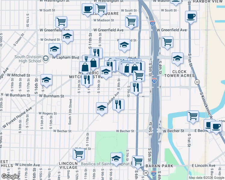 map of restaurants, bars, coffee shops, grocery stores, and more near 837 West Maple Street in Milwaukee
