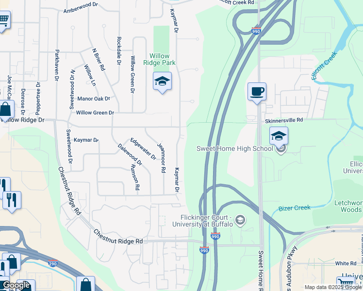 map of restaurants, bars, coffee shops, grocery stores, and more near 455 Kaymar Drive in Buffalo