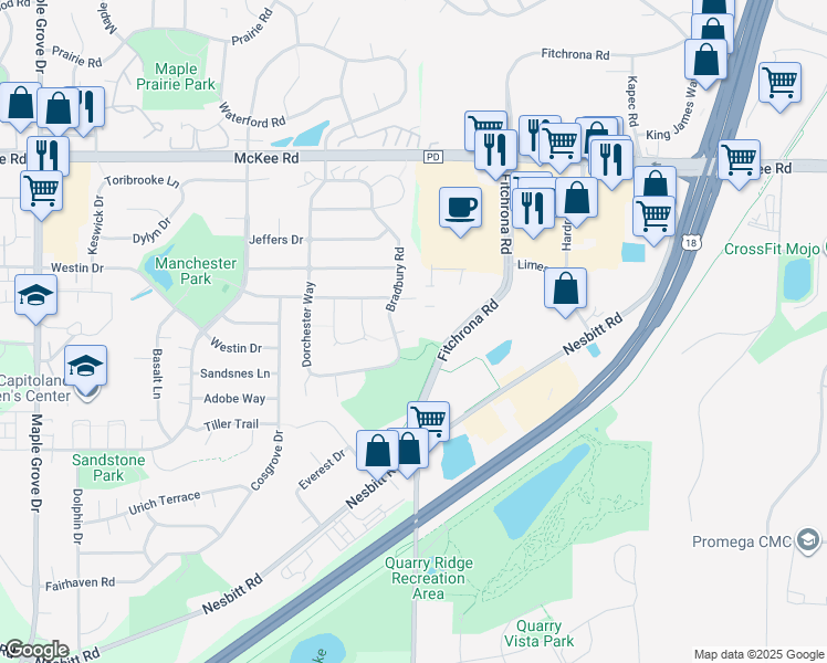 map of restaurants, bars, coffee shops, grocery stores, and more near 9 Bradbury Court in Madison