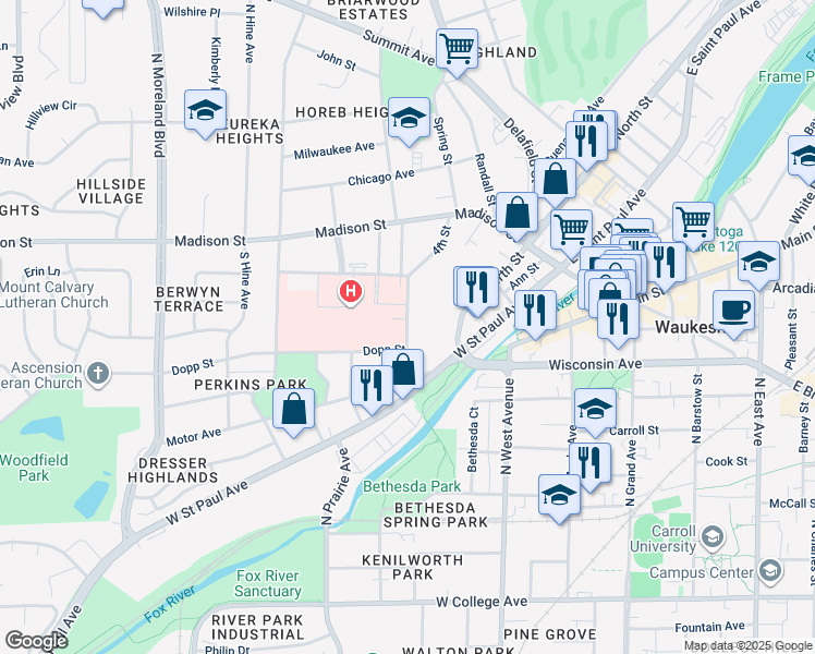 map of restaurants, bars, coffee shops, grocery stores, and more near 398 Mountain Avenue in Waukesha