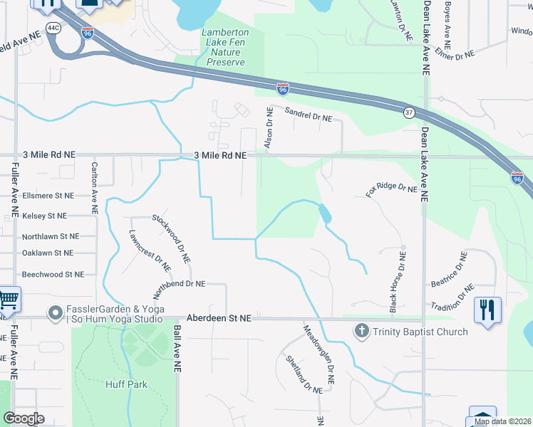 map of restaurants, bars, coffee shops, grocery stores, and more near 1822 3 Mile Road Northeast in Grand Rapids