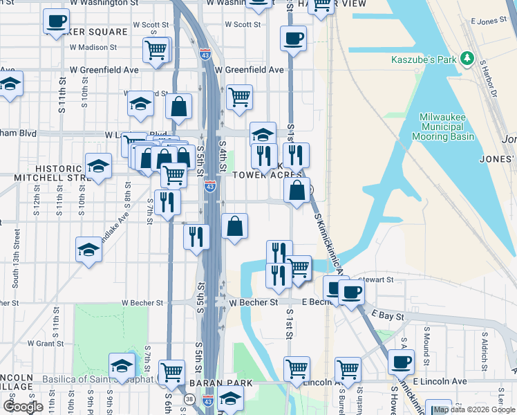map of restaurants, bars, coffee shops, grocery stores, and more near 220-222 West Maple Street in Milwaukee