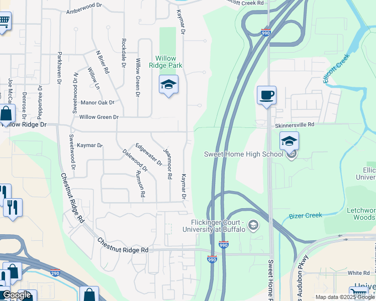 map of restaurants, bars, coffee shops, grocery stores, and more near 467 Kaymar Drive in Buffalo