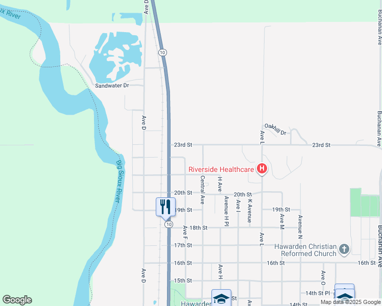 map of restaurants, bars, coffee shops, grocery stores, and more near 2205 Central Avenue in Hawarden