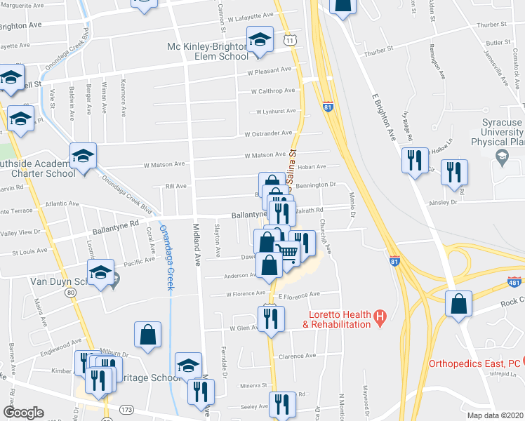 map of restaurants, bars, coffee shops, grocery stores, and more near 105 Belle Avenue in Syracuse