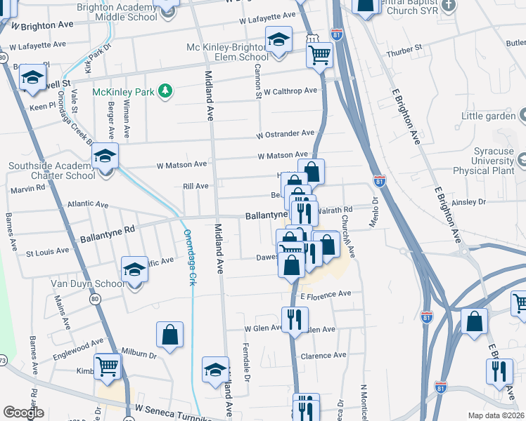 map of restaurants, bars, coffee shops, grocery stores, and more near 129 Belle Avenue in Syracuse