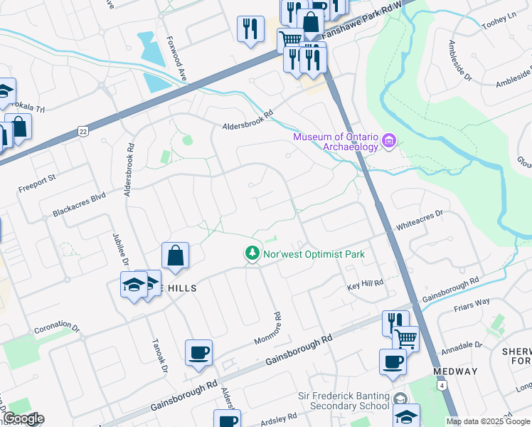 map of restaurants, bars, coffee shops, grocery stores, and more near 179 Blackacres Boulevard in London