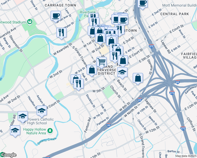 map of restaurants, bars, coffee shops, grocery stores, and more near 313 West Court Street in Flint