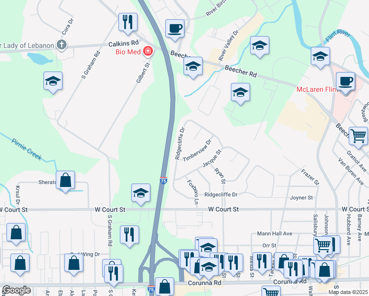 map of restaurants, bars, coffee shops, grocery stores, and more near 3478 Ridgecliffe Drive in Flint