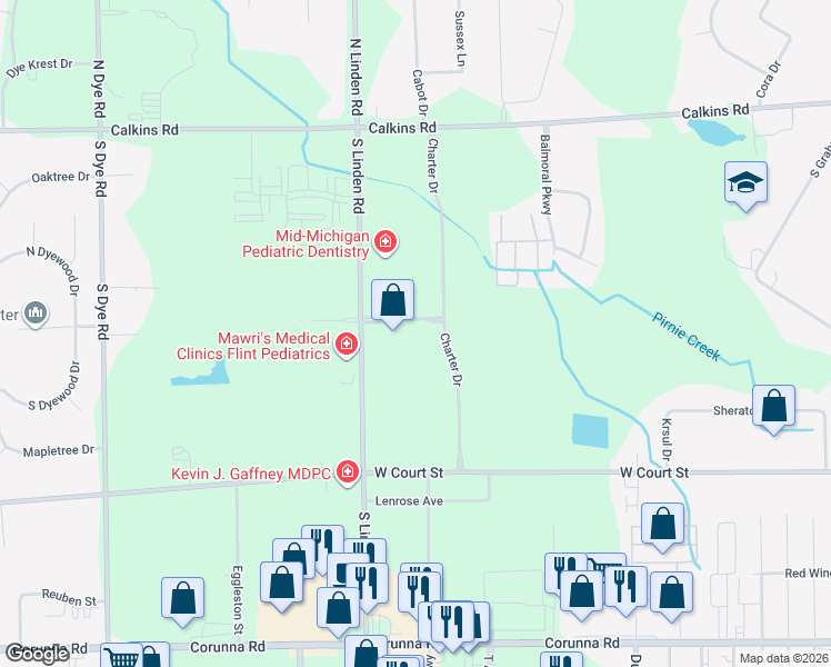 map of restaurants, bars, coffee shops, grocery stores, and more near 4455 Town Center Parkway in Flint