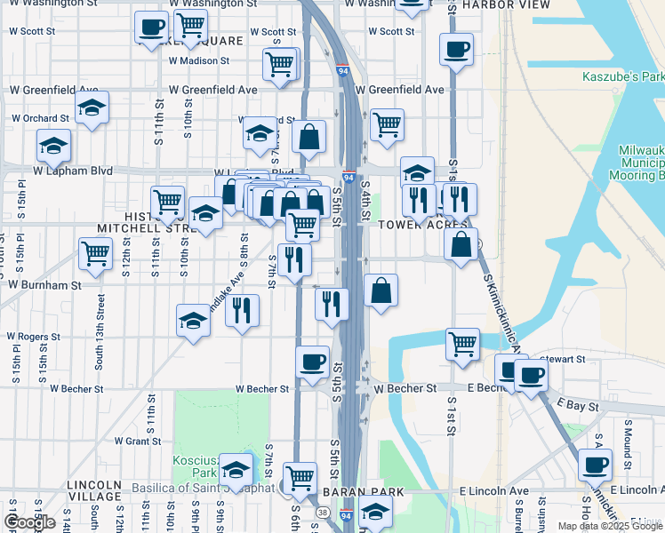 map of restaurants, bars, coffee shops, grocery stores, and more near 500 West Maple Street in Milwaukee