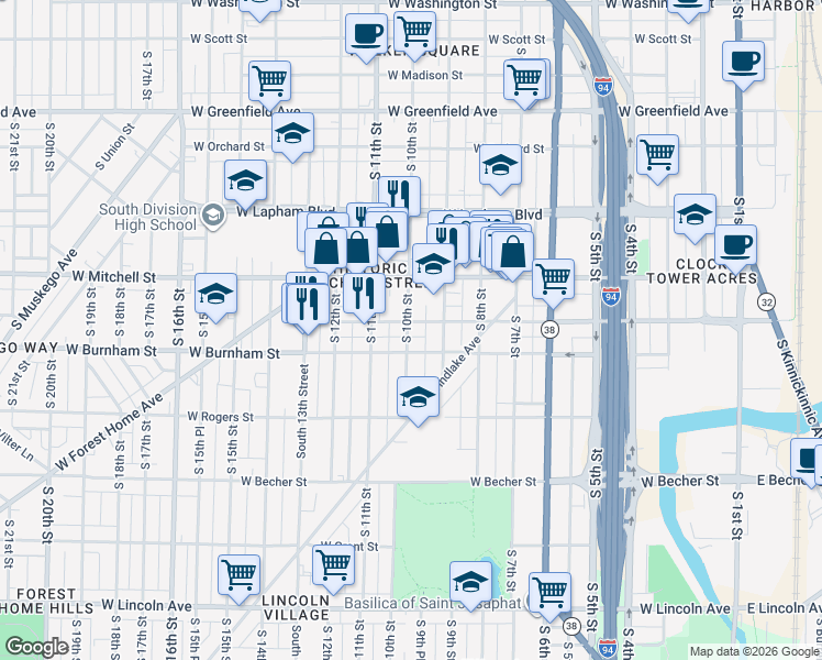 map of restaurants, bars, coffee shops, grocery stores, and more near 937 West Maple Street in Milwaukee