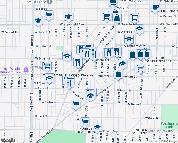map of restaurants, bars, coffee shops, grocery stores, and more near 1770 South Pearl Street in Milwaukee