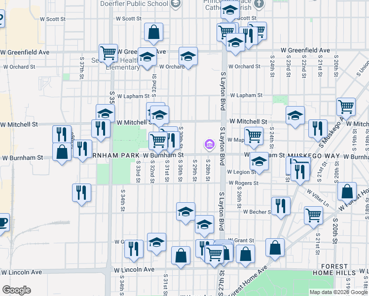 map of restaurants, bars, coffee shops, grocery stores, and more near 1813 South 29th Street in Milwaukee