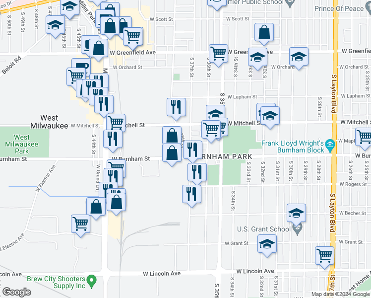 map of restaurants, bars, coffee shops, grocery stores, and more near South 38th Street in Milwaukee