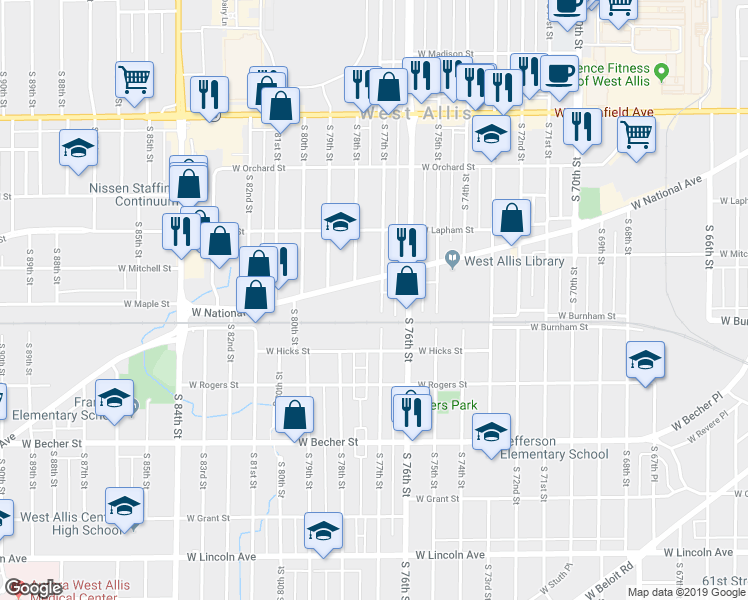map of restaurants, bars, coffee shops, grocery stores, and more near 7801 West National Avenue in West Allis