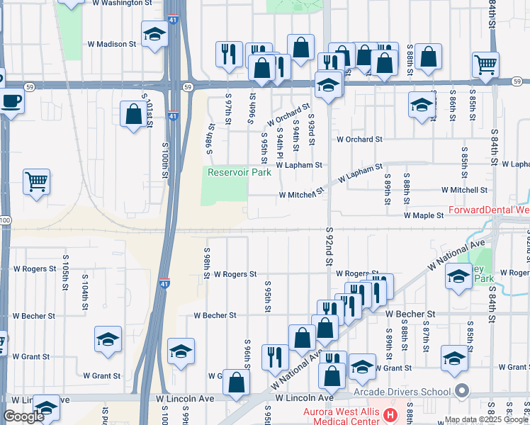 map of restaurants, bars, coffee shops, grocery stores, and more near 9438 West Maple Court in West Allis