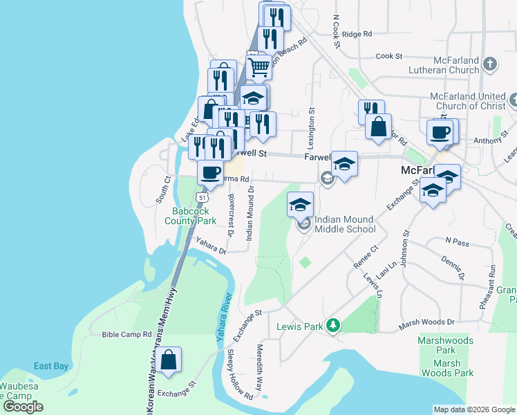 map of restaurants, bars, coffee shops, grocery stores, and more near 6108 Indian Mound Drive in McFarland