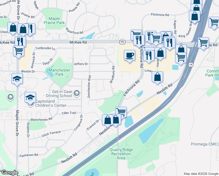 map of restaurants, bars, coffee shops, grocery stores, and more near 3314 Bradbury Road in Madison