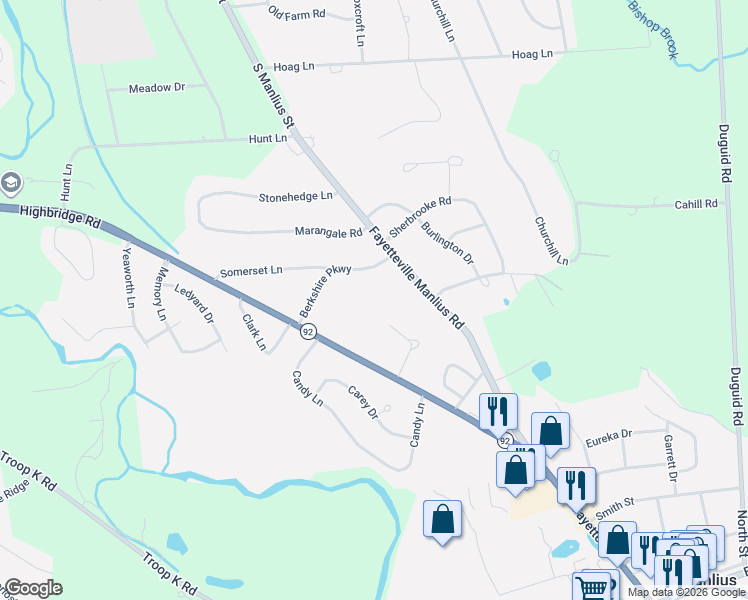 map of restaurants, bars, coffee shops, grocery stores, and more near 117 Left Field Course in Manlius