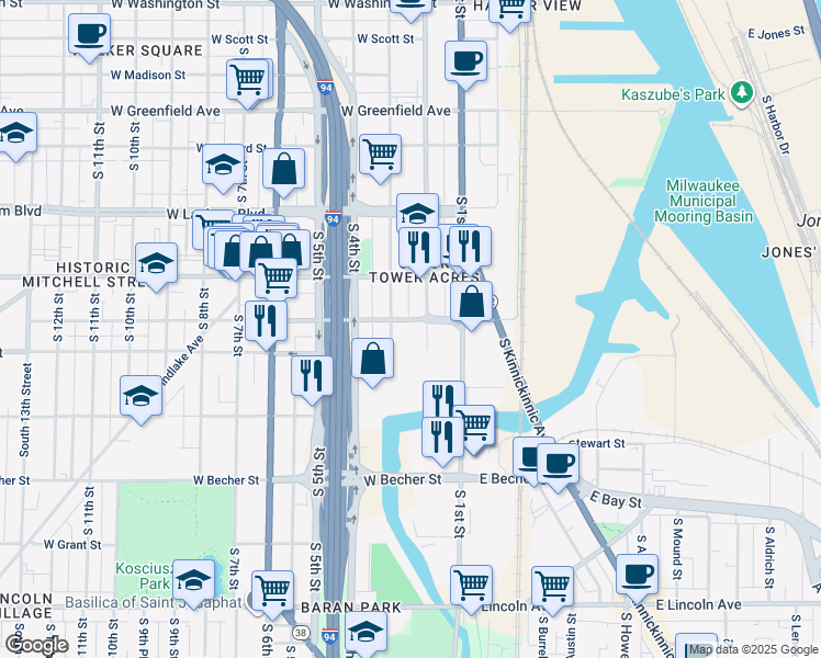 map of restaurants, bars, coffee shops, grocery stores, and more near 215 West Maple Street in Milwaukee