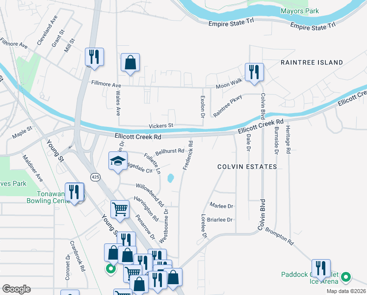 map of restaurants, bars, coffee shops, grocery stores, and more near 14 Frederick Road in Tonawanda