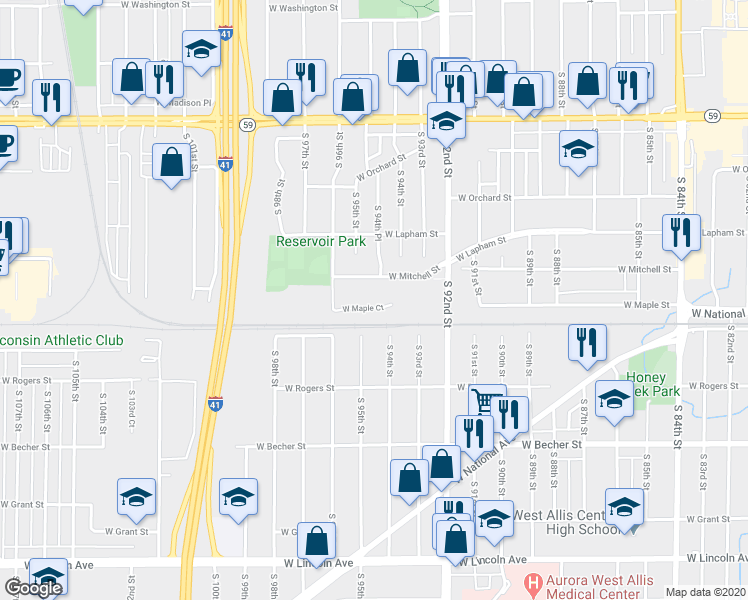 map of restaurants, bars, coffee shops, grocery stores, and more near 9438 West Maple Court in West Allis