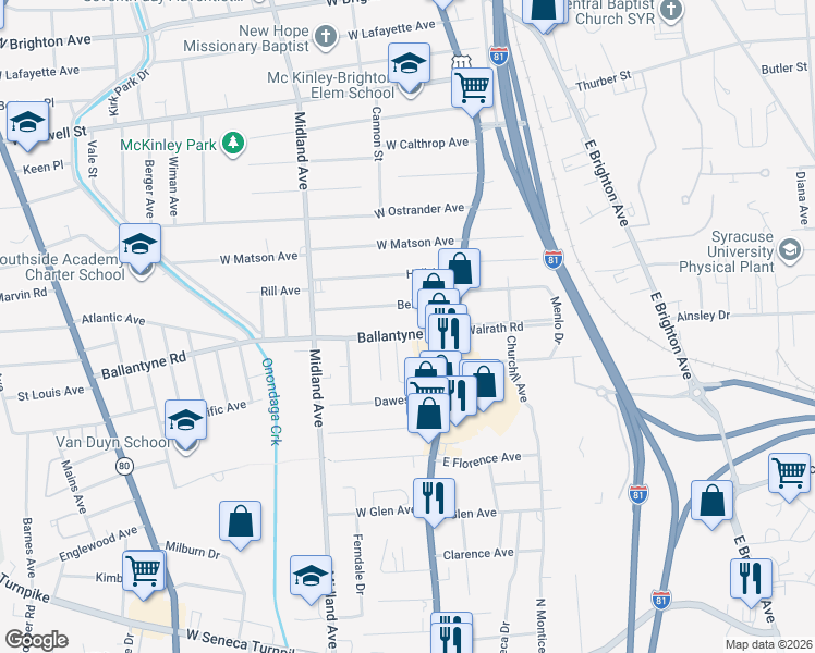 map of restaurants, bars, coffee shops, grocery stores, and more near 156 Ballantyne Road in Syracuse