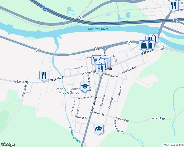 map of restaurants, bars, coffee shops, grocery stores, and more near 29 West Main Street in Mohawk