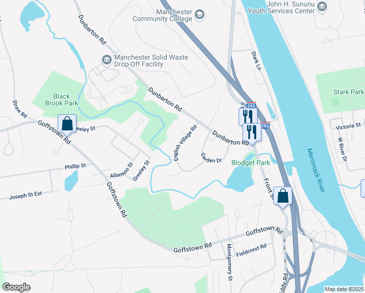 map of restaurants, bars, coffee shops, grocery stores, and more near 50e English Village Road in Manchester