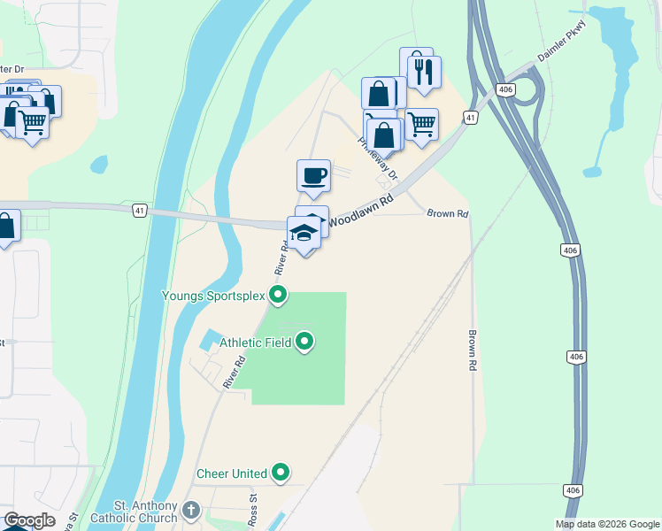 map of restaurants, bars, coffee shops, grocery stores, and more near 620 River Road in Welland