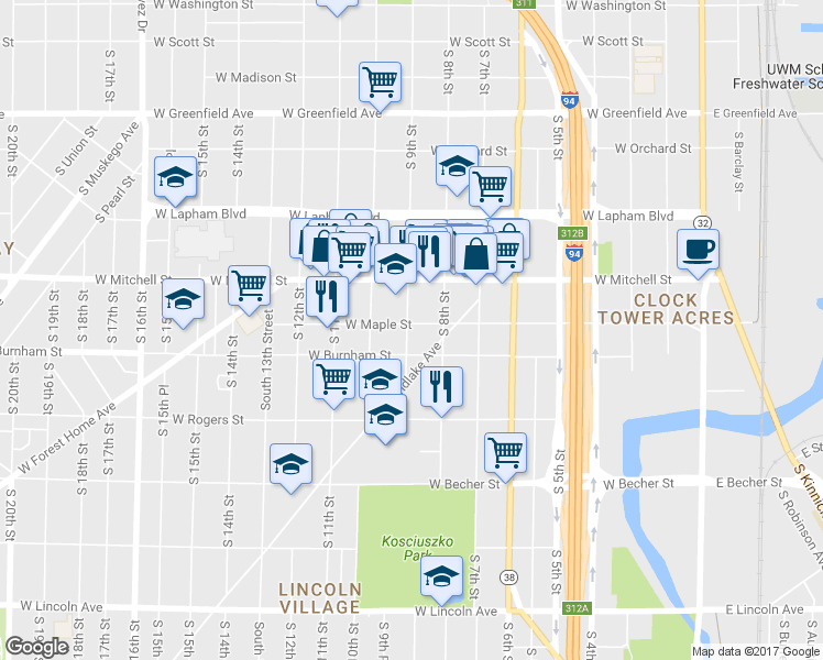 map of restaurants, bars, coffee shops, grocery stores, and more near 837 West Maple Street in Milwaukee