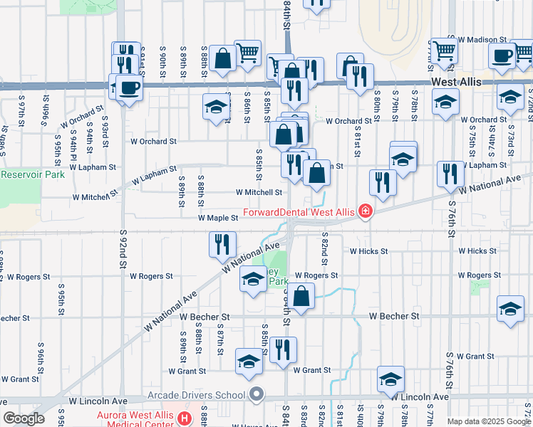 map of restaurants, bars, coffee shops, grocery stores, and more near 8442 West Maple Street in West Allis