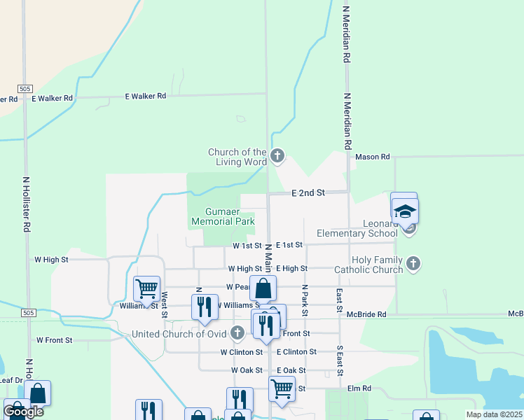 map of restaurants, bars, coffee shops, grocery stores, and more near 615 North Main Street in Ovid