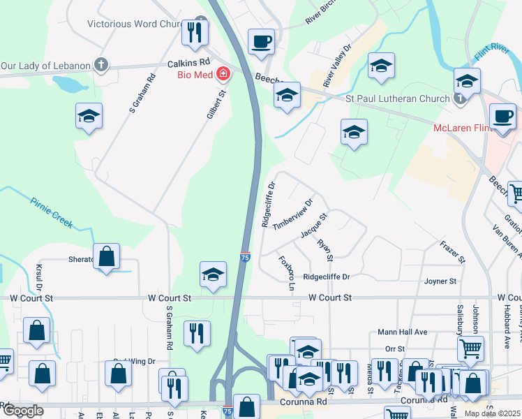 map of restaurants, bars, coffee shops, grocery stores, and more near 3477 Ridgecliffe Drive in Flint