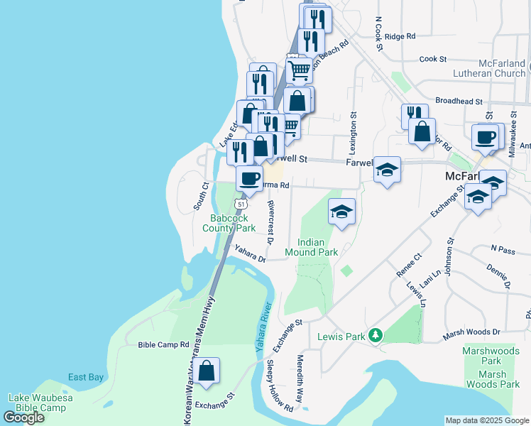 map of restaurants, bars, coffee shops, grocery stores, and more near 6108 Rivercrest Drive in McFarland