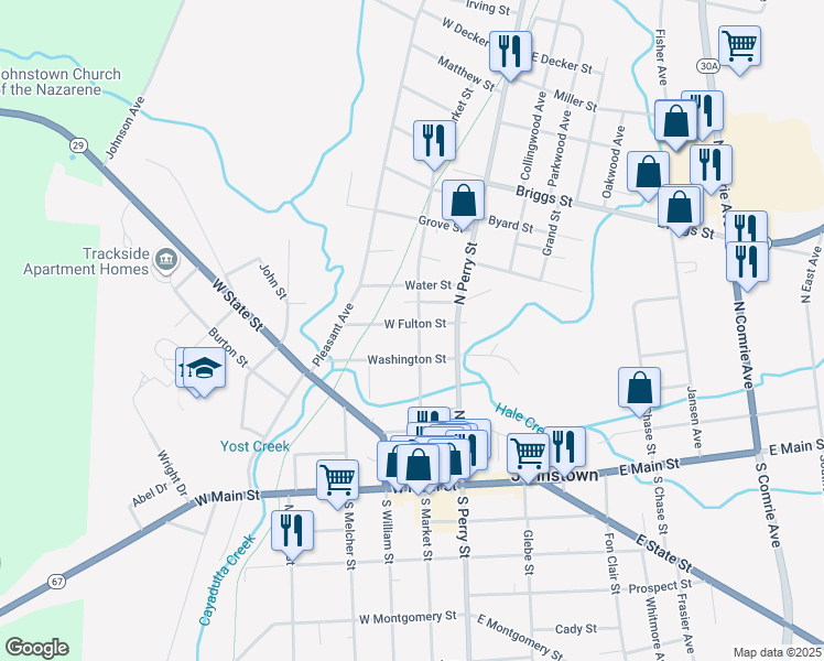 map of restaurants, bars, coffee shops, grocery stores, and more near 209 North Market Street in Johnstown
