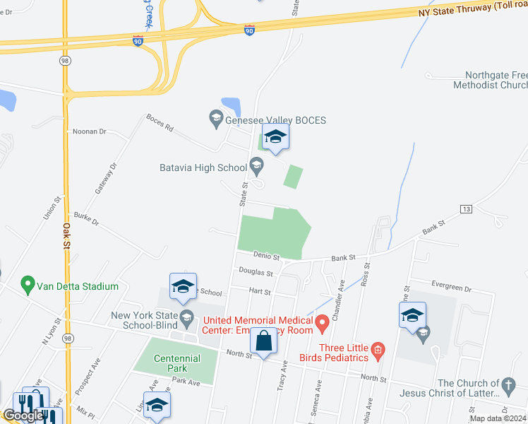 map of restaurants, bars, coffee shops, grocery stores, and more near 4 Macarthur Drive in Batavia