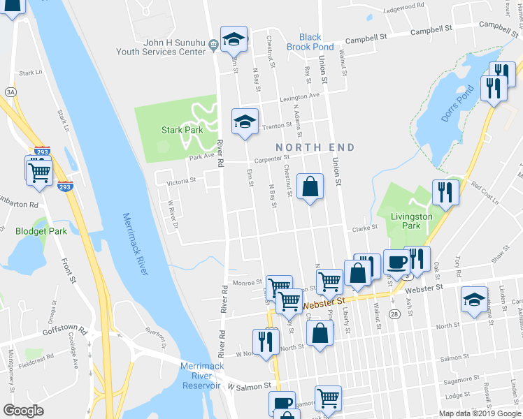 map of restaurants, bars, coffee shops, grocery stores, and more near 2125 Elm Street in Manchester