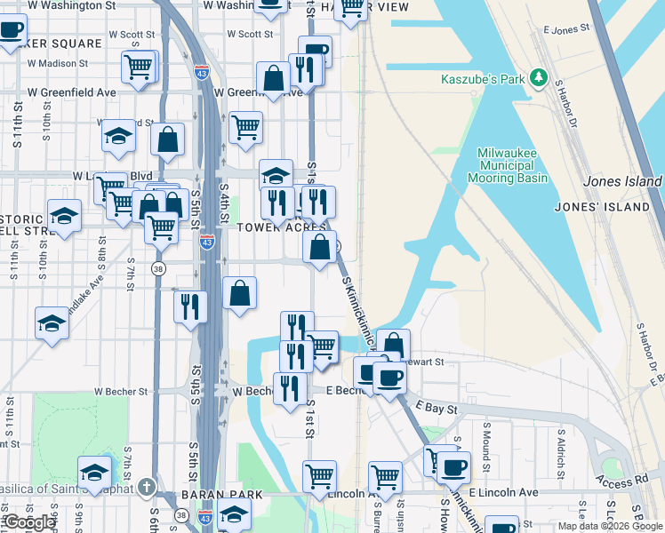 map of restaurants, bars, coffee shops, grocery stores, and more near 126 East Maple Street in Milwaukee