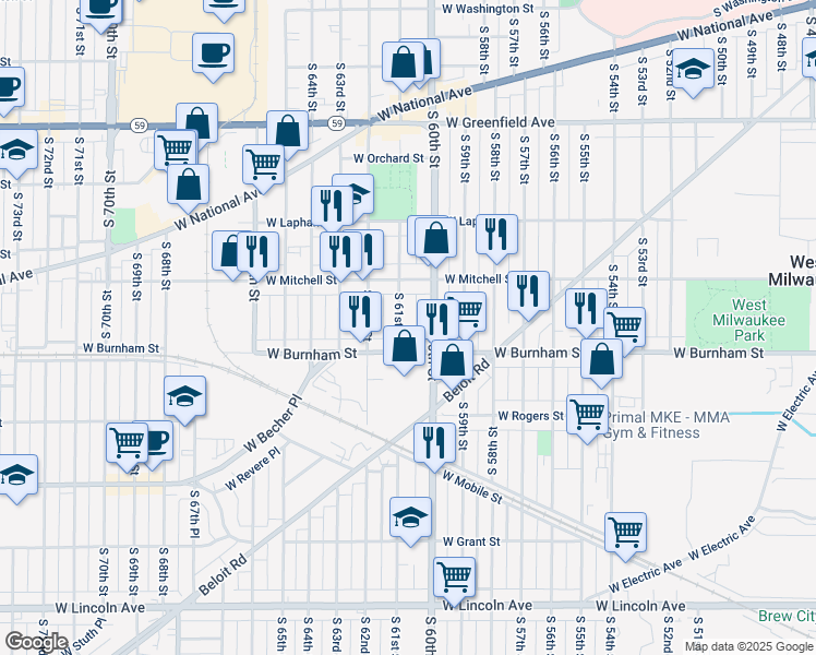 map of restaurants, bars, coffee shops, grocery stores, and more near 1802 South 61st Street in West Allis