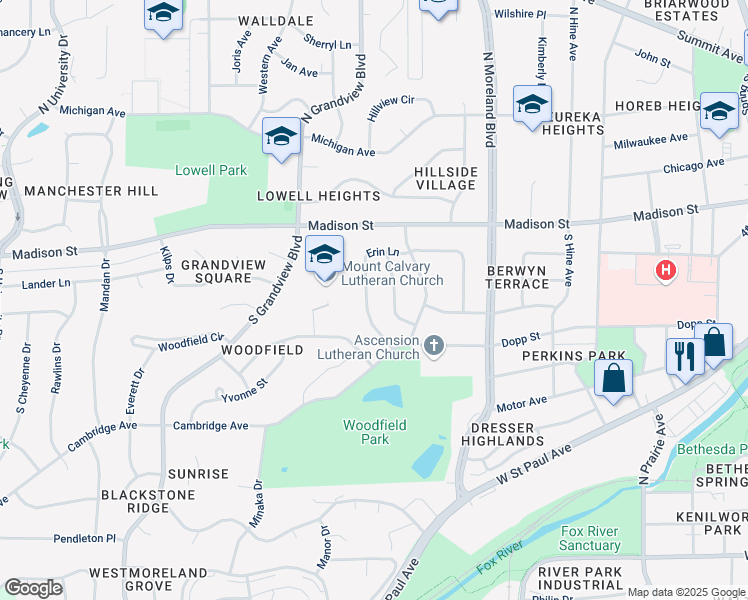 map of restaurants, bars, coffee shops, grocery stores, and more near 1745 Erin Lane in Waukesha